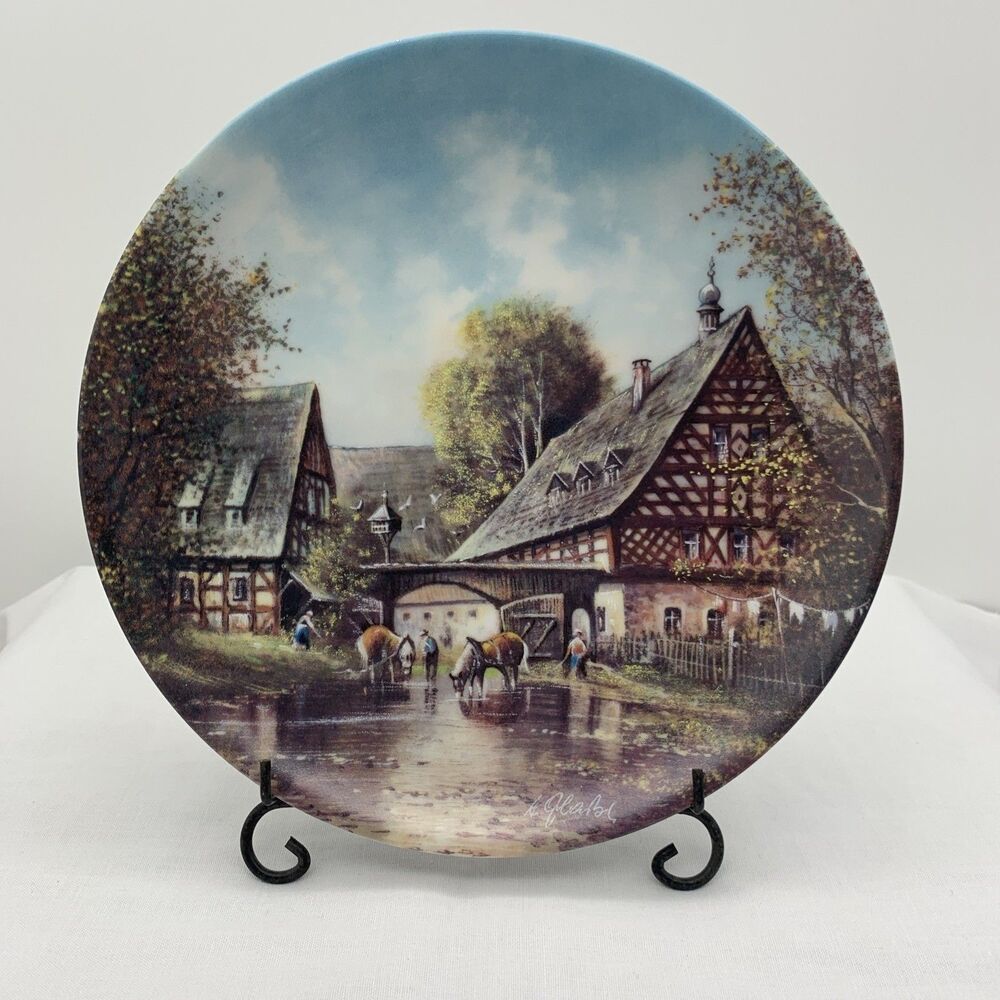 At The Horse Trough Collector Plate COA & Box 1991 Helmut Glossl Artist Germany